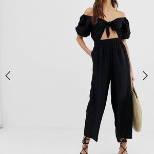 BLACK OFF SHOULDER TIE JUMPSUIT